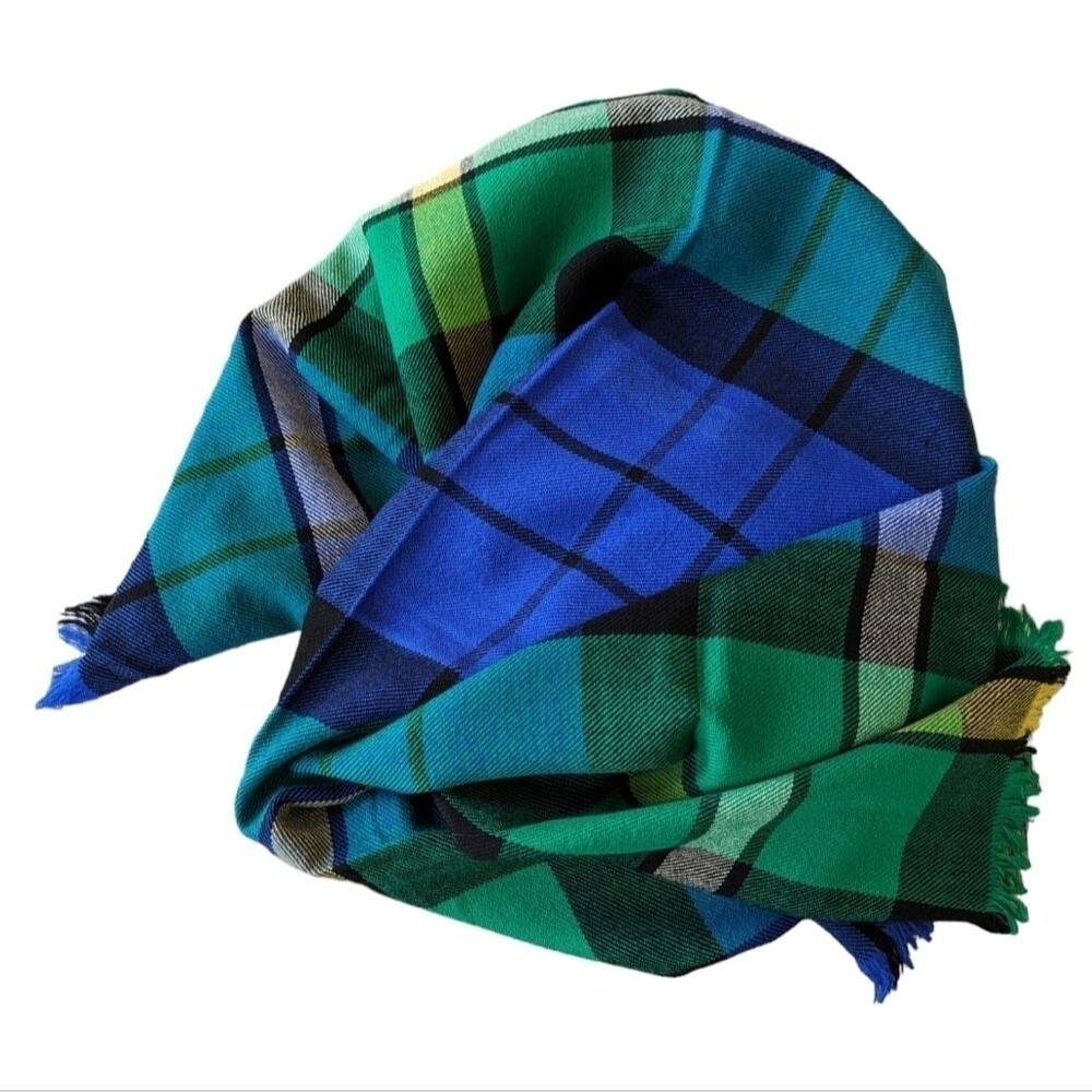 Vintage Balmain wool plaid blanket scarf green and blue with fringe